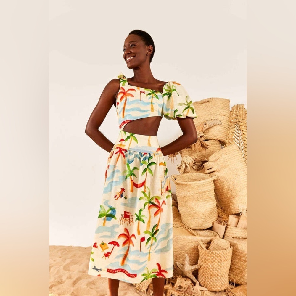 Farm Rio Copacabana Asymmetric Sleeve Side Cutout tropical midi dress Small
